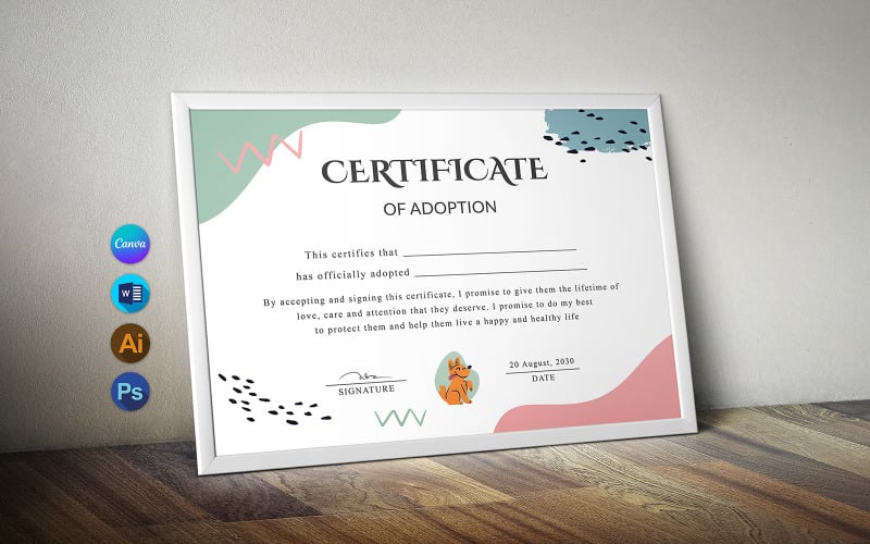 Certificaat voor adoptie van honden Canva & Word