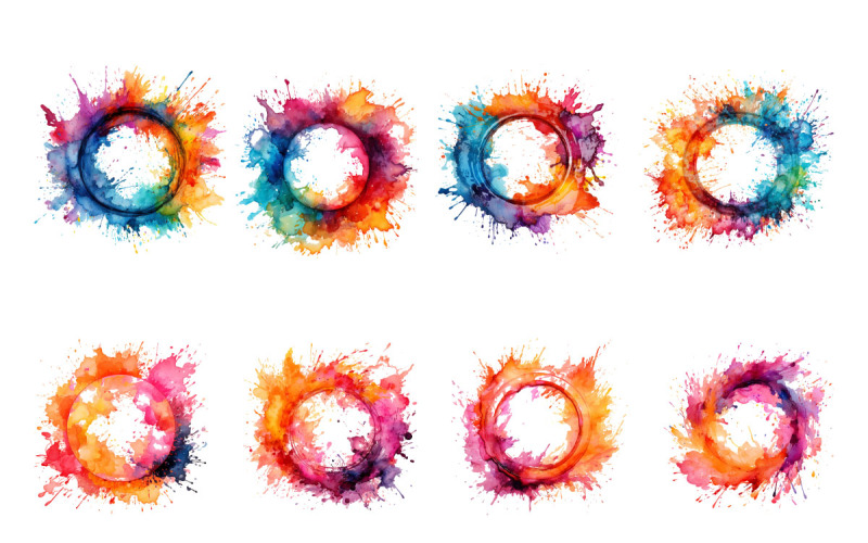 Colorful Watercolor Ink Splash Frame Set Png