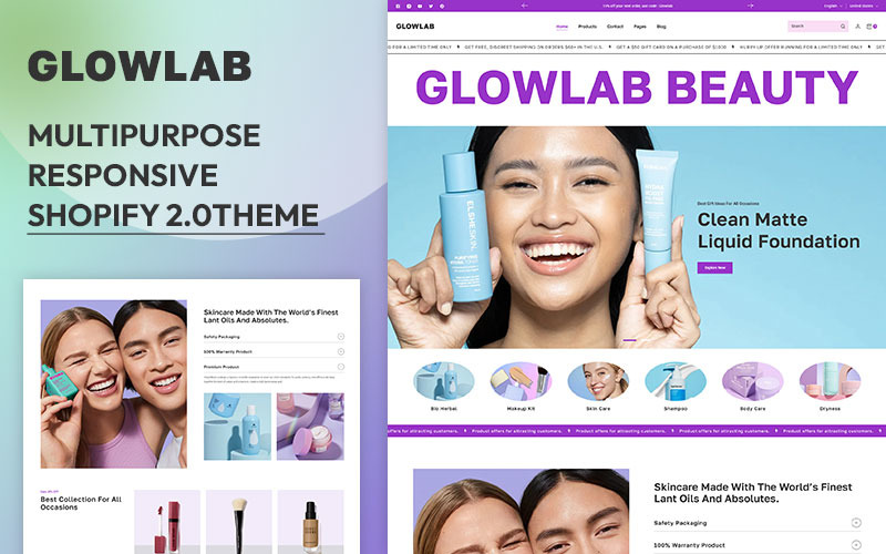 Glowlab – Beauty Cosmetics & Skincare többcélú Shopify 2.0 reszponzív téma