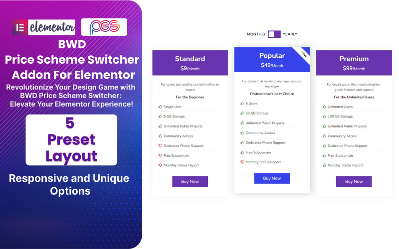 Přepínač cenových schémat BWD Plugin WordPress pro Elementor