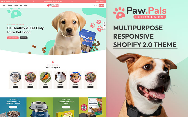 Pawpals -宠物营养与我们的反应性Shopify 2主题.0多用途宠物
