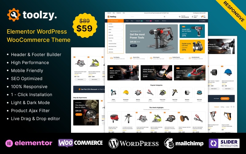 Toolzy – Araçlar, Yedek Parçalar ve Ekipman Elementor WooCommerce Mağazası