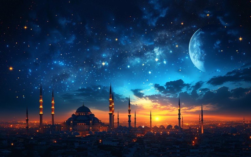 Projekt plakatu z pozdrowieniami Ramadan Kareem z meczetem i księżycem 01