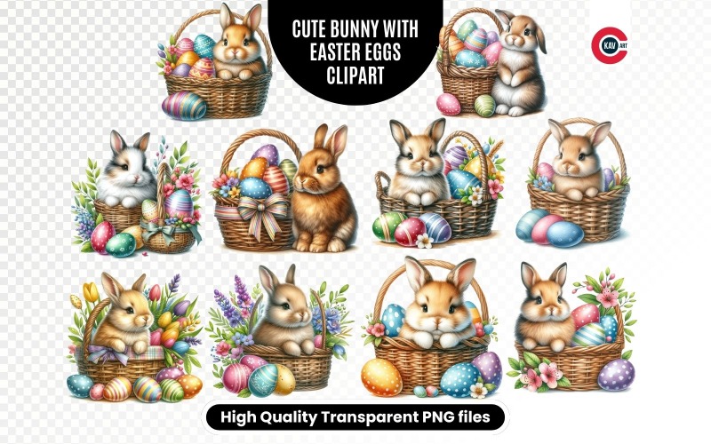 可爱的兔子和篮子剪贴画Bundle