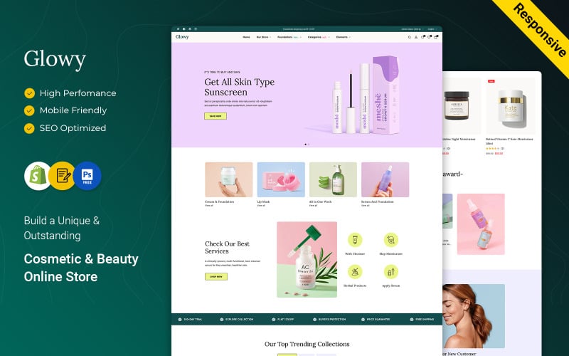 Glowy – kozmetikumok és bőrápoló szerek, szépségre reagáló Shopify téma