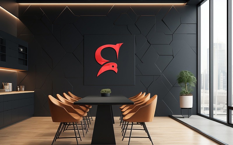 Maquete PSD de um logotipo 3D em uma parede de escritório Maquete de logotipo 3D em uma sala de reuniões de escritório com parede ciano