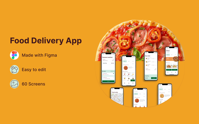 Yum-my-Pizza — Pizzéria mobilalkalmazás felhasználói felületének sablonja