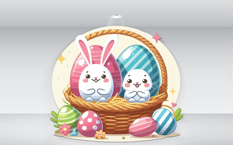复活节兔子和鸡蛋在篮子里的插图