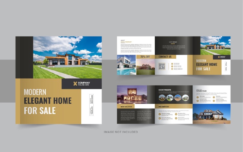Fastighetsfyrkantig trefaldig broschyr, hemförsäljning trefaldig designmalllayout