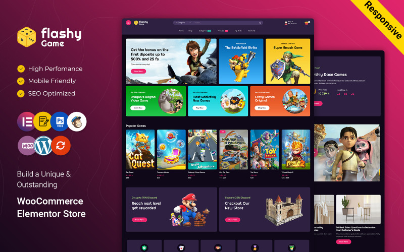 Flashy – адаптивна тема WooCommerce для магазину ігор і кіберспорту Elementor