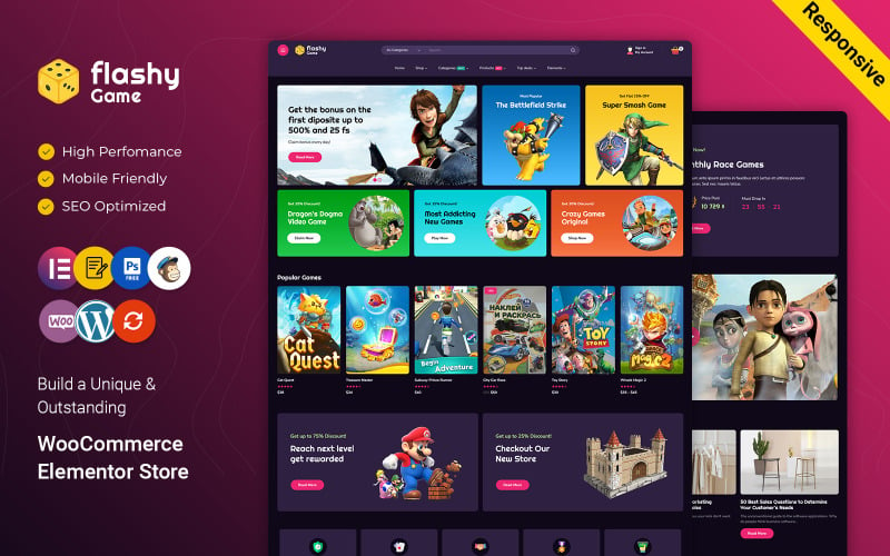 Flashy — адаптивная тема Elementor WooCommerce для магазина игр и киберспорта