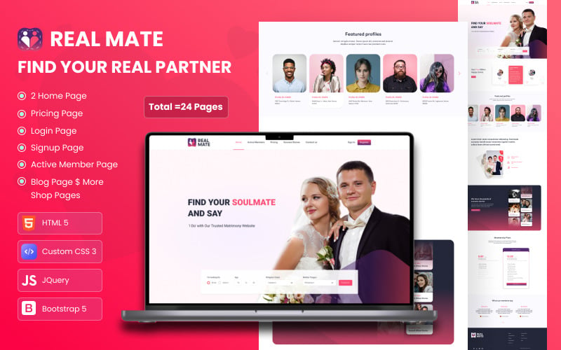 自适应HTML模板的约会和婚姻网站