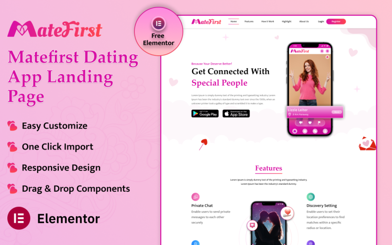 Strona docelowa aplikacji randkowej Matefirst