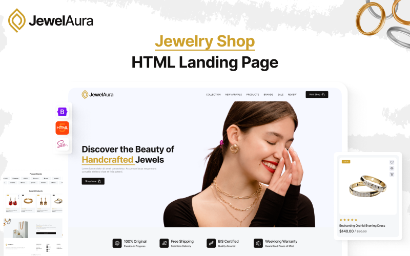 JewelAura – Elegáns ékszerüzlet nyitóoldala, Bootstrap HTML webhelysablon