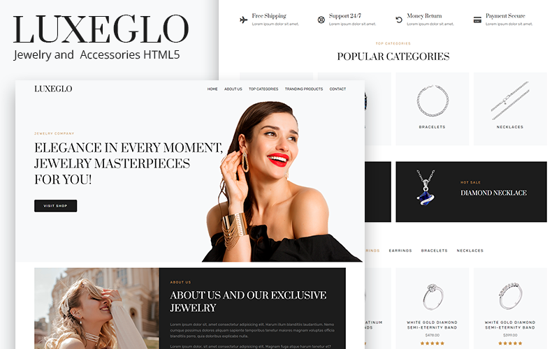 Luxeglo – Vstupní stránka HTML5 pro šperky a doplňky