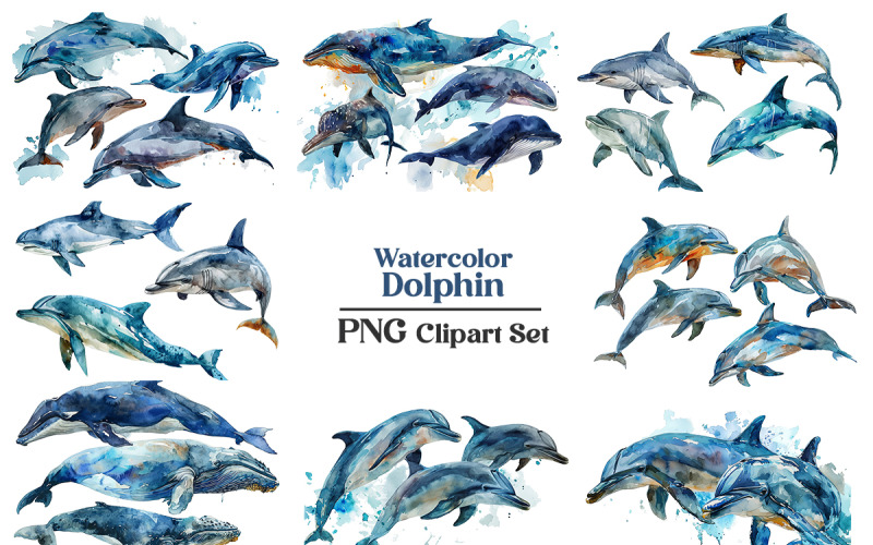 Набор нарисованных вручную акварельных морских животных, китов или дельфинов