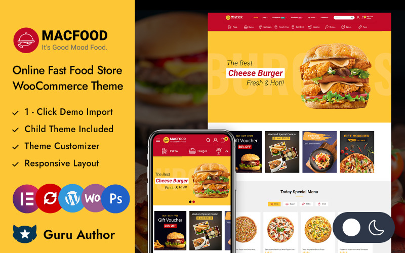 Macfood - Інтернет-магазин швидкого харчування Elementor Адаптивна тема WooCommerce