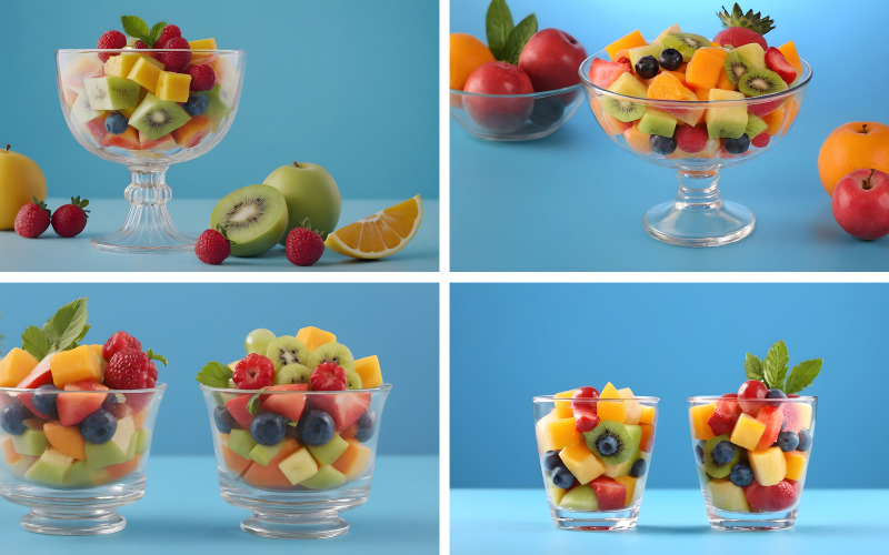 Fruktsallad i glas på blå bakgrund, hälsosam kost