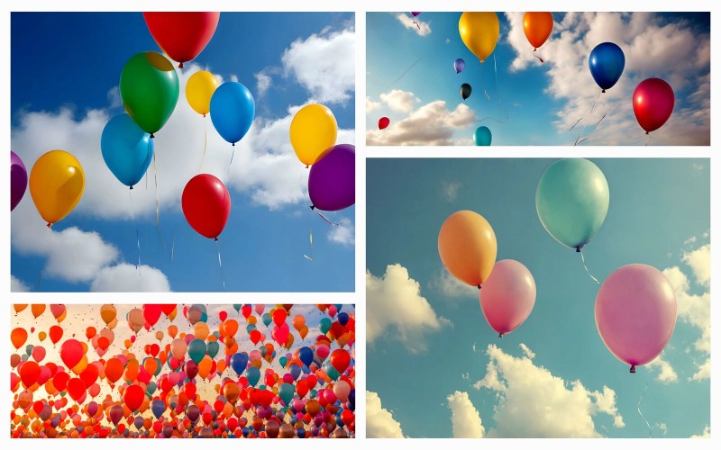 Коллекция из 4 летающих воздушных шаров на фоне неба