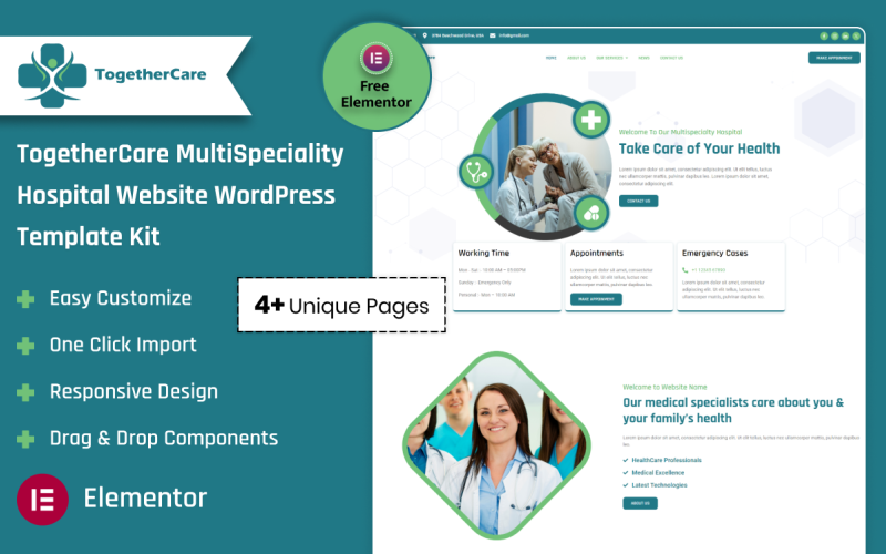 Kit de modelo WordPress Elementor para hospitais multiespecialidades Together Care