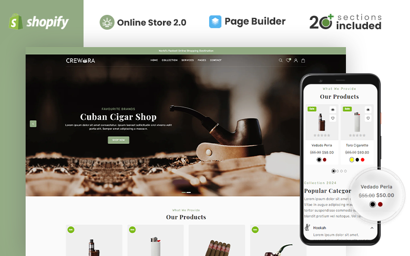 Crewora - Tema Shopify para cigarros y equipos para fumar