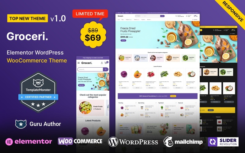 Groceri — тема Elementor WooCommerce для продуктов питания, фруктов и овощей