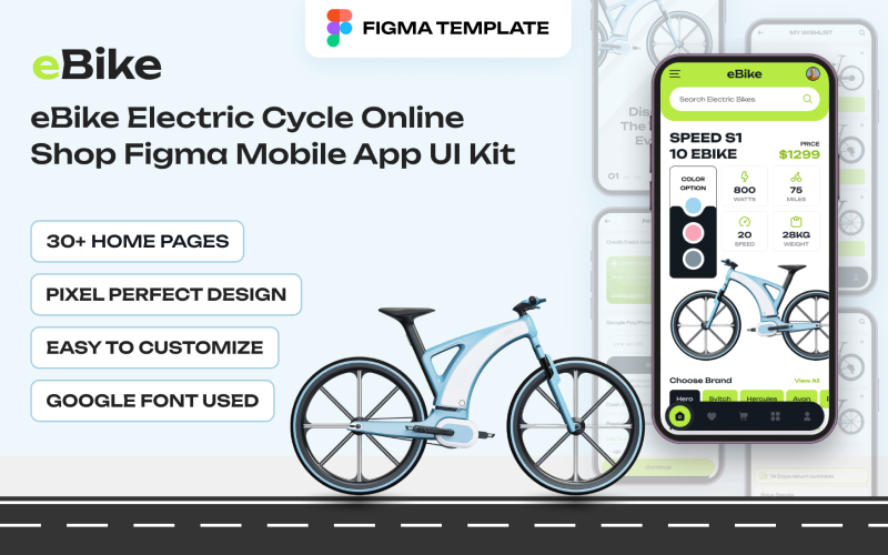 eBike -电动自行车在线商店Figma移动应用程序UI工具包