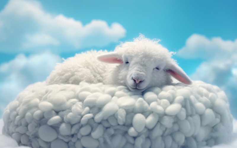 一只可爱的羊睡在美丽的云上