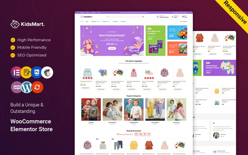 KidsMart - Elementor WooCommerce的适应性主题，适用于儿童、时装商店和玩具
