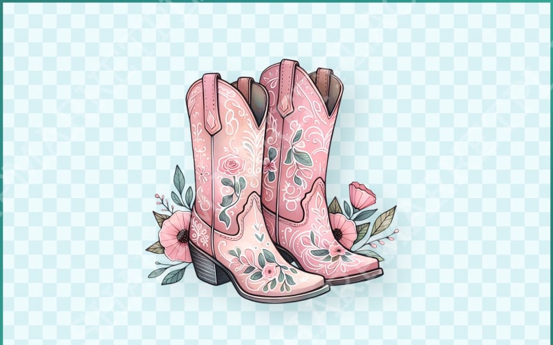 Coquette Cowgirl Boots PNG, Pembe Çiçekli Tişört Clipart, Trendy Western Süblimasyon Tasarımı, Estetik