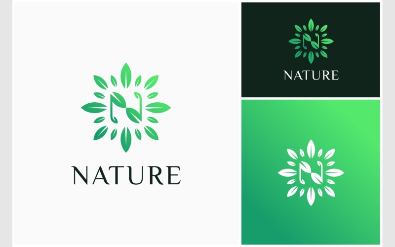 Буква N Лист Свежий Зеленый Логотип