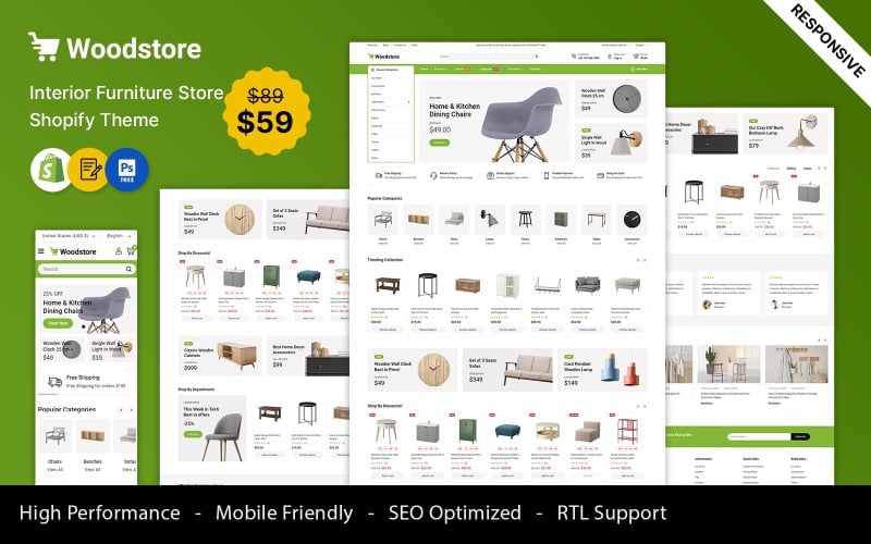 WoodStore -家具和大型商店响应Shopify主题