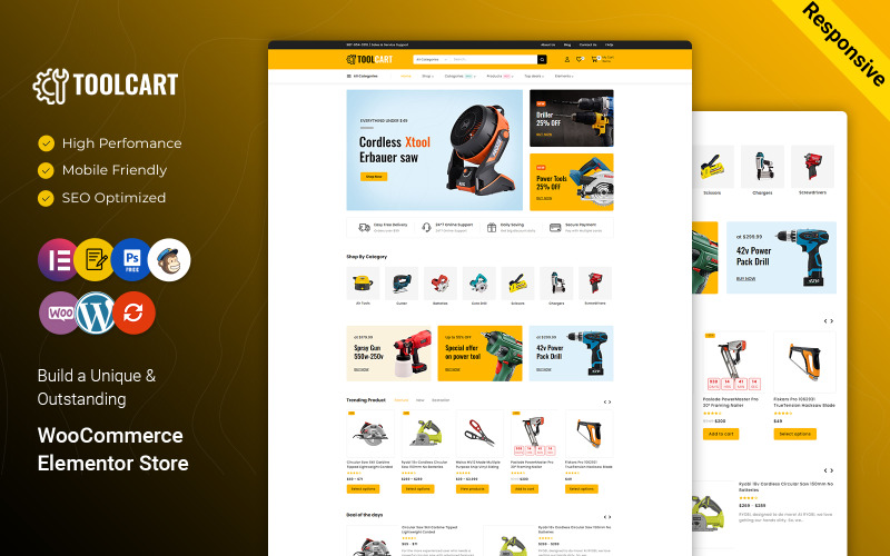 ToolCart - Araçlar Ekipmanları ve Mega Süper Mağaza Elementor WooCommerce Teması