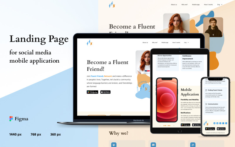 Fluent Friend Network — шаблон цільової сторінки мобільного додатка