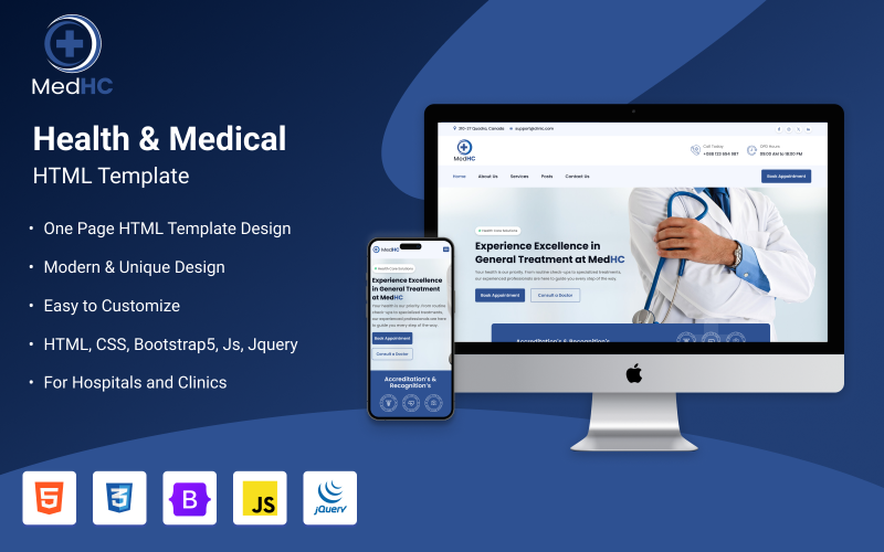 MedHc -医疗和健康网站模板与一个页面和引导功能