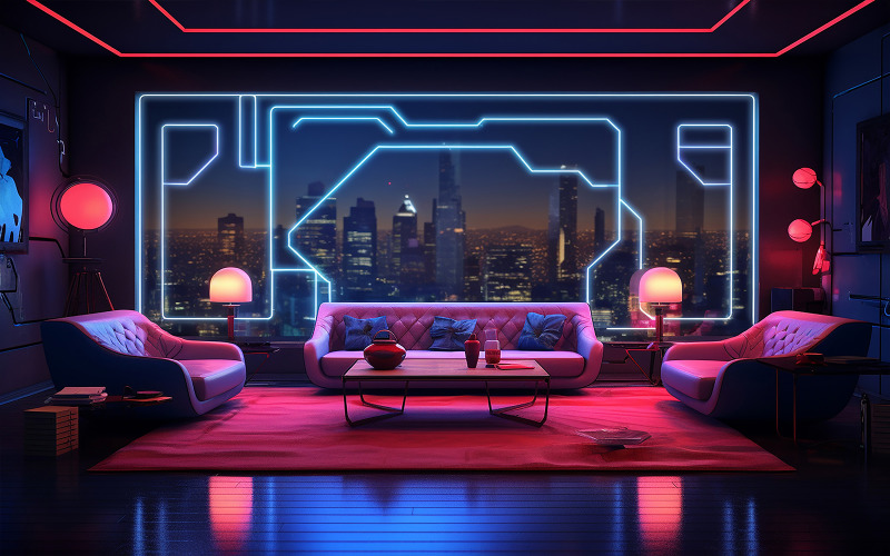 客厅与沙发和霓虹灯的行动-豪华的客厅在玻璃上看一个城市
