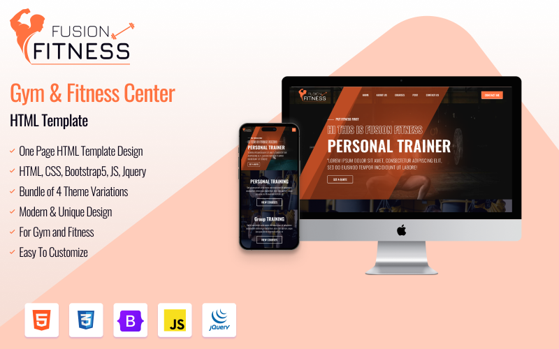 Fusion Fitness |反应性HTML网站模板引导一页的健身房和健身
