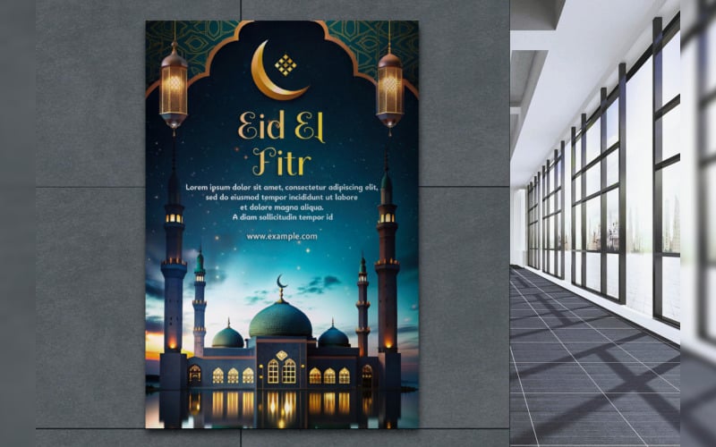 Een poster voor Eid al-Fitr met een moskee en een halve maan