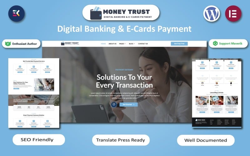 货币信托-数字银行 & 电子卡片支付WordPress元素模板