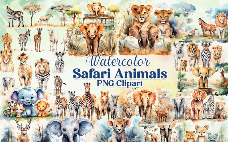 Printable Cute Watercolor Safari Animals Clipart PNG bundle