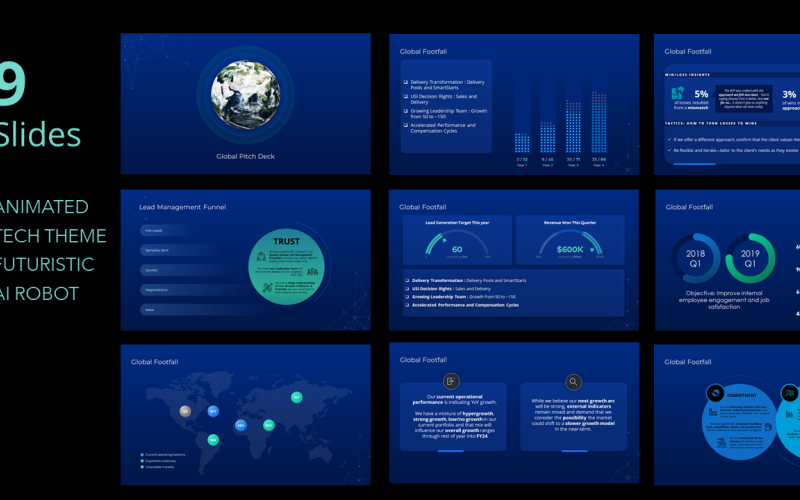 Globális pitch deck animált PPT diák Kék sötét téma