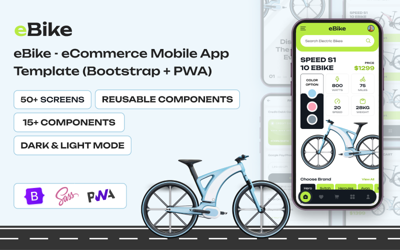 eBike – eCommerce Store mobilalkalmazássablon (Bootstrap + PWA)