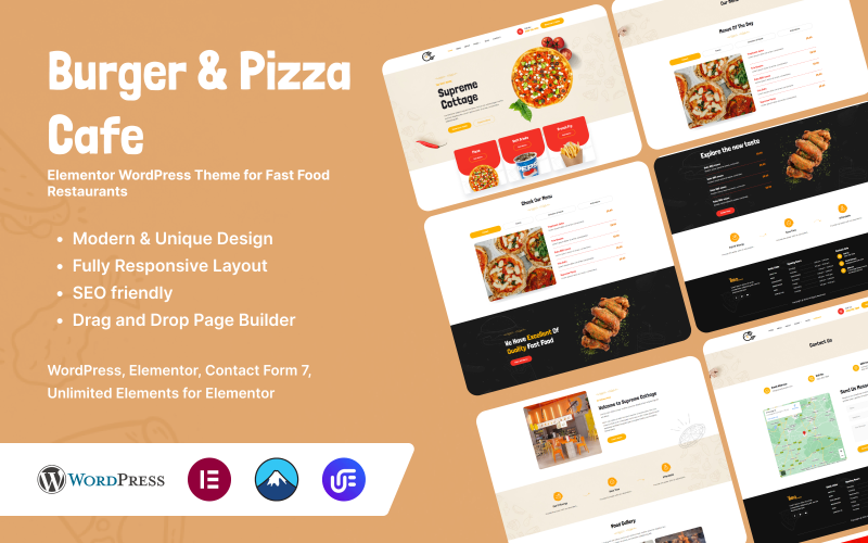 Burger & Pizza Cafe - Tema de WordPress Elementor para restaurantes de comida rápida