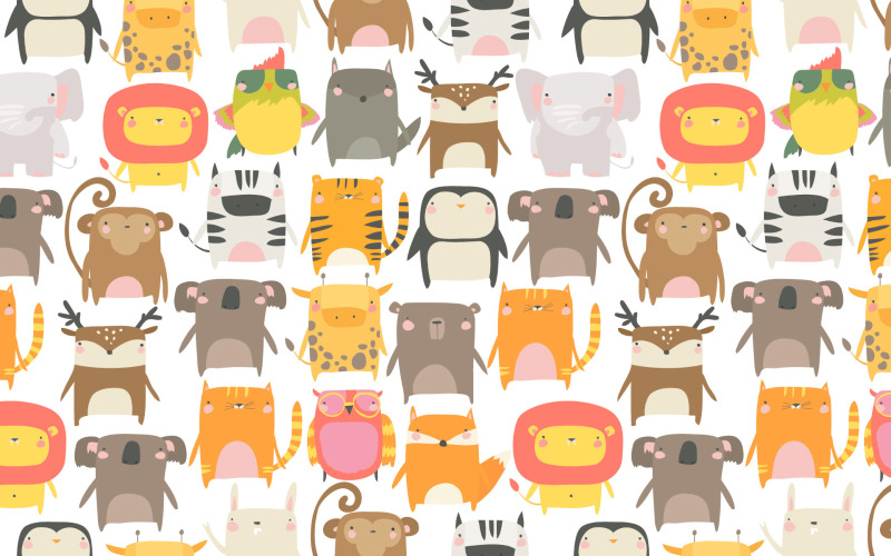 Vector Seamless Pattern with Cute Animals on White