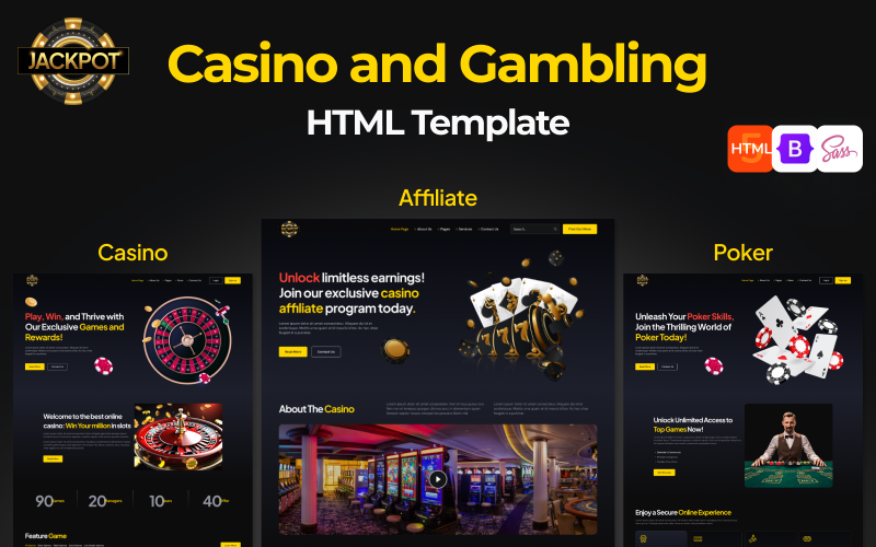 JACKPOT: Plantilla de sitio web HTML para afiliados de casinos en línea, juegos de azar y apuestas