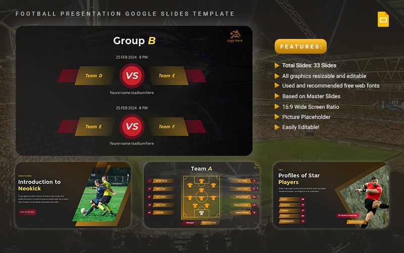 Neokick - modelo de apresentação de futebol no Google Slides