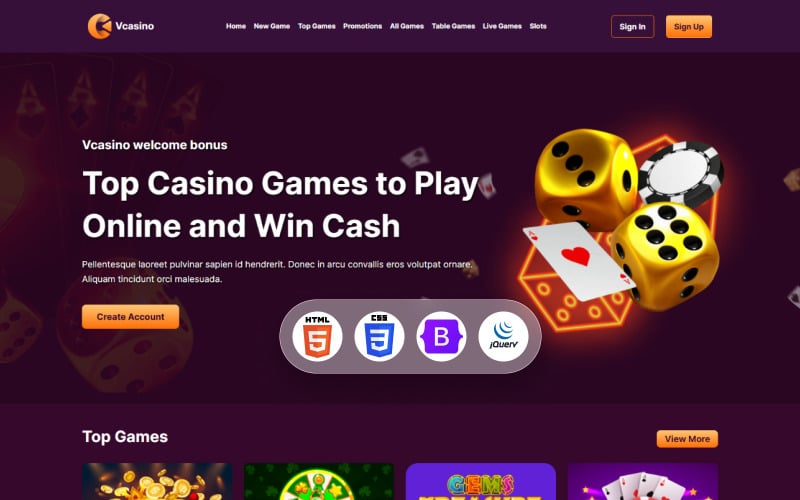 Vcasino - Modello HTML di casinò e giochi d'azzardo