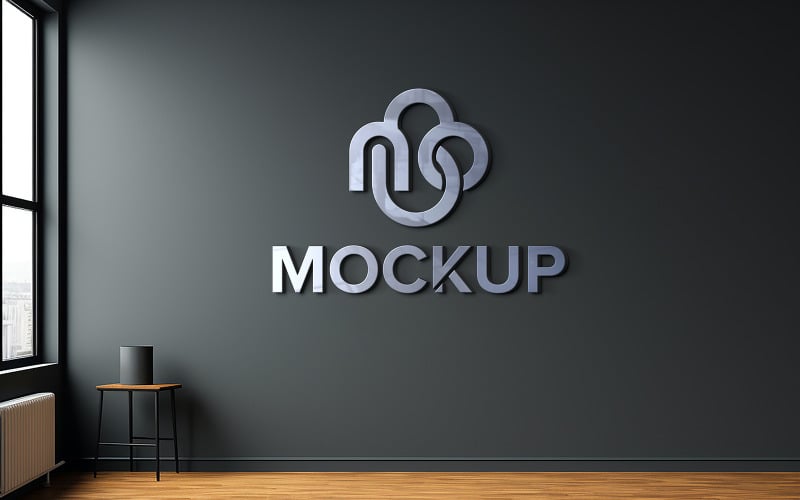 Realistic black wall indoor logo mockup 3d metal logo mockup on black wall