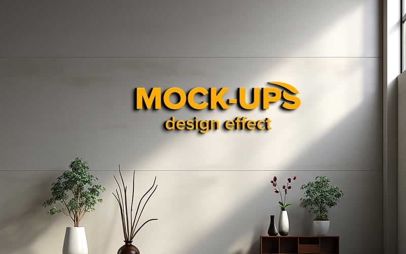 Mockup logo 3d giallo in ufficio grigio parete psd