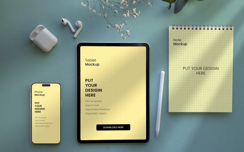 Tablet telefono e nota Mockup
